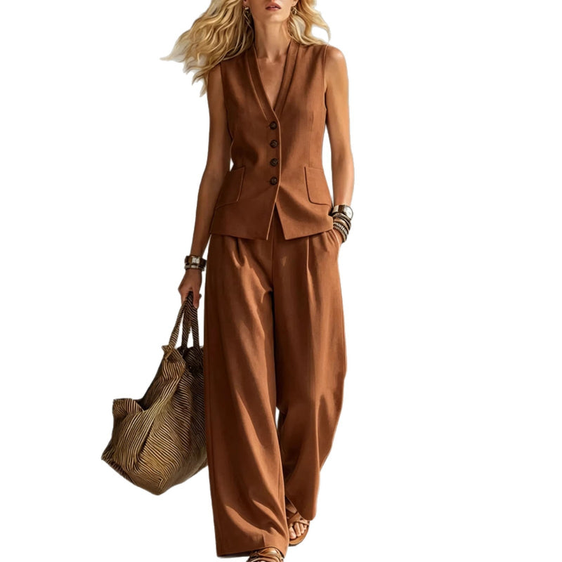 Two-piece V-Neck Sleeveless Vest And Wide Leg Pants - brown