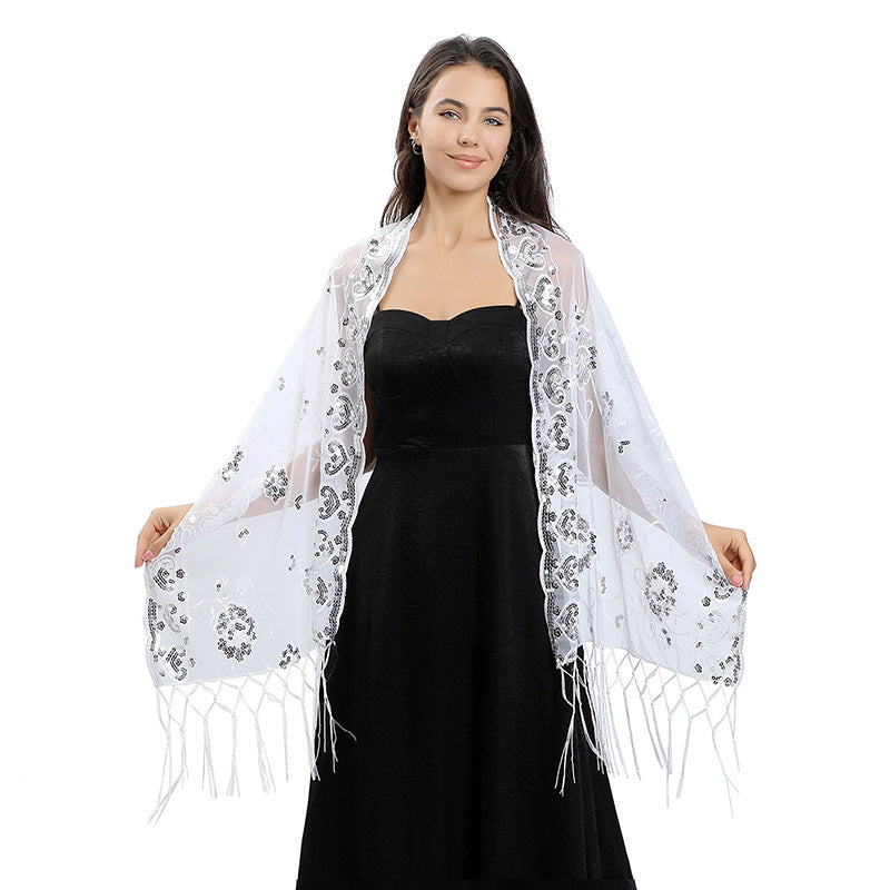 Flower Sequin Embroidered Long Fringe Shawl
