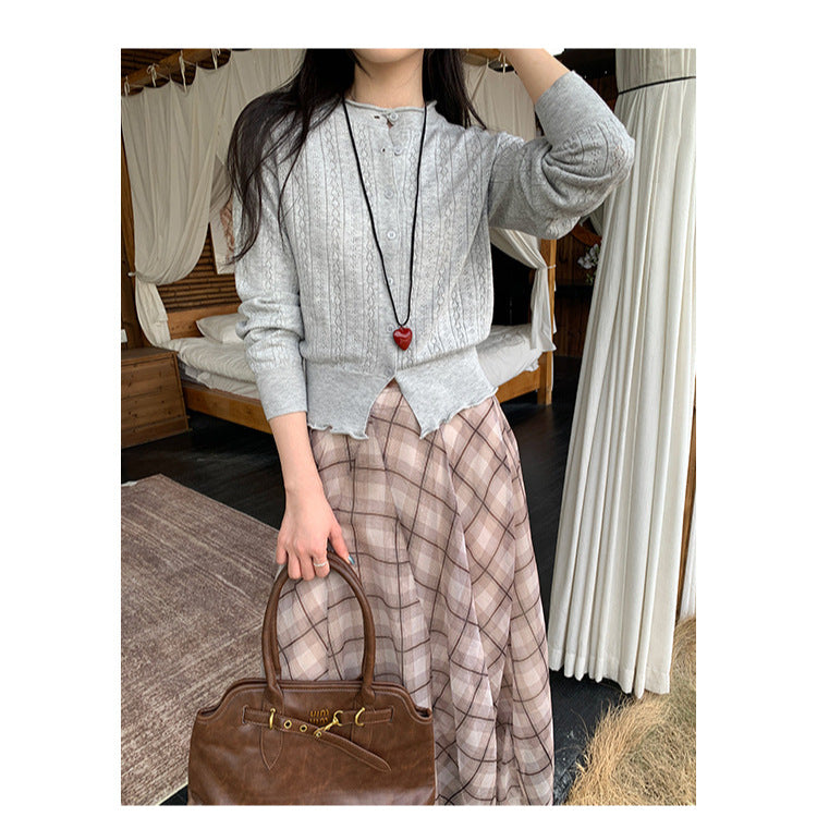 Preppy Style Hollow Out Pattern Round Neck Knit Cardigan: The Seasonal Soft Layer - light grey