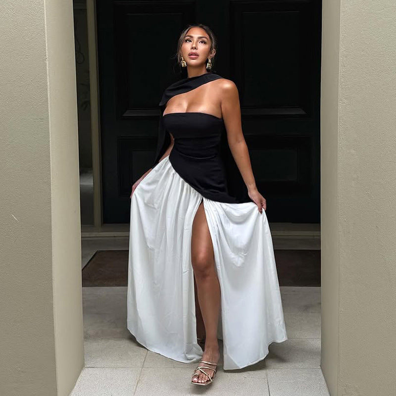 Statement: Strapless Color-Blocked Midi Dress