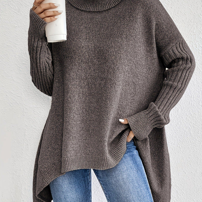 Irregular Turtleneck Sweater: Modern Intellectual Style - grey