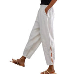 Button-Adorned Bottom Hem Pants - white