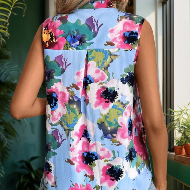 Printed Round Neck Sleeveless Blouse - runwayfashionista.com