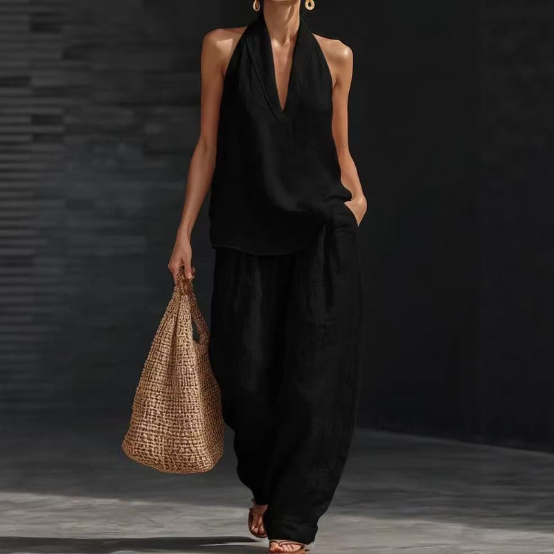 Sleeveless V-neck Halter Top And Wide-leg Pants - black