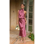 Draped Halter Neck Satin-Finish Midi Dress - purple