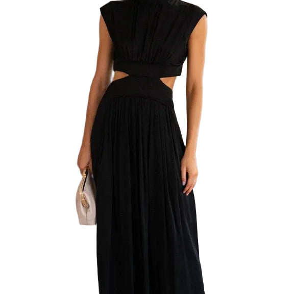 High Neck Side Cut-Out Pleated Midi Dress - back