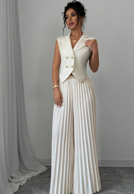 Vest Top And Pleated Straight Pants Set -white