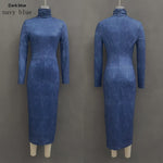 High Neck Long Sleeve Midi Dress - dark blue