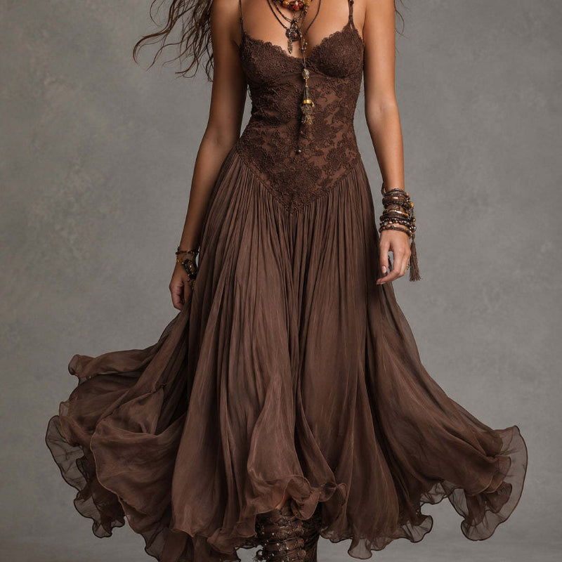 Lace-Detail Flowing Midi Dress - brown