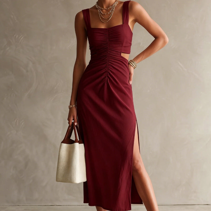 Strap-style Fashionable And Elegant Midi Dress - wine red