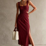 Strap-style Fashionable And Elegant Midi Dress - wine red
