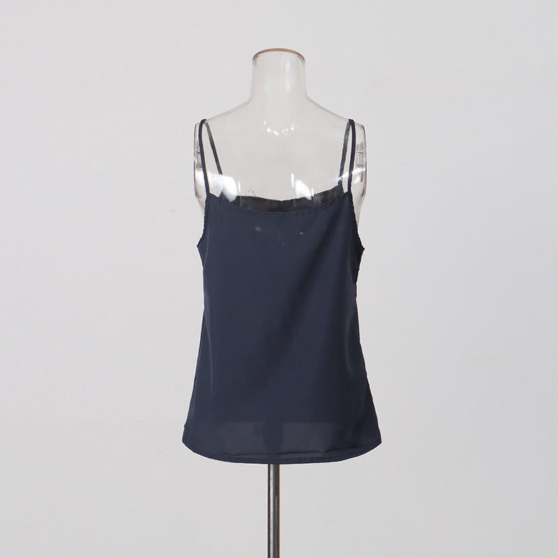 Navy Blue Glossy Organza Self-Tie Bow Neck Balloon-Sleeve Cinched-Waist Asymmetric Blouse