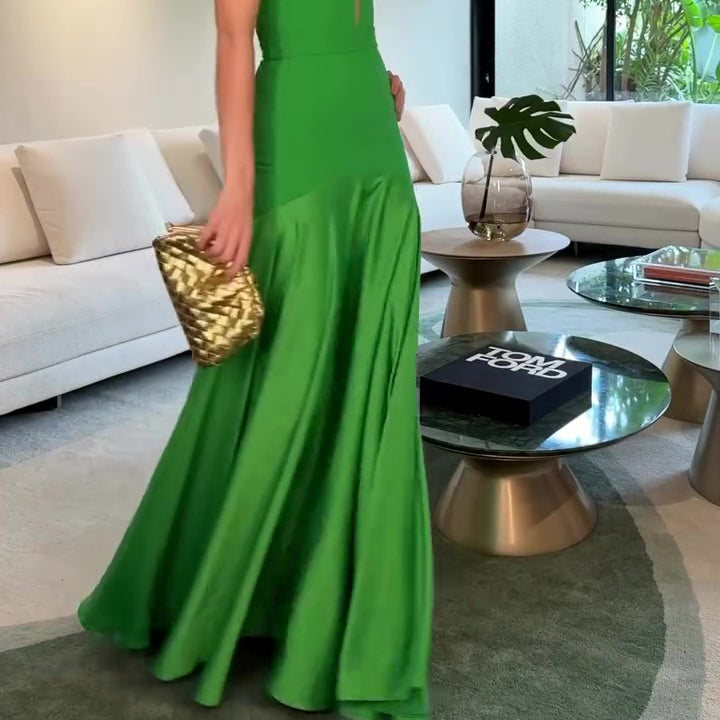 Green Tube Top With Satin Patchwork Evening Maxi Dress
