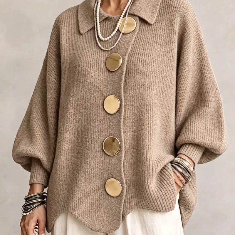Collared Knit Sweater with Statement Buttons - brown