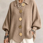 Collared Knit Sweater with Statement Buttons - brown