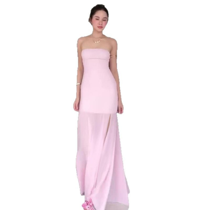 🖤 THE BREEZE-READY ICON: Strapless Mesh Midi Dress with Slit Skirt - pink