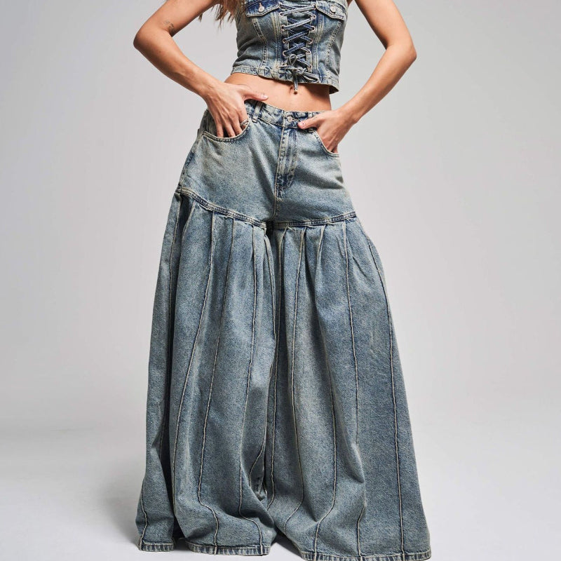 Strapless Denim Corset Crop Top & High - Waisted PleatedWide - Leg Pants Set