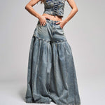 Strapless Denim Corset Crop Top & High - Waisted PleatedWide - Leg Pants Set