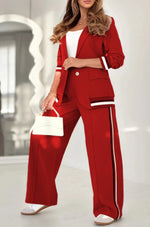 2 Pcs Set Long Sleeves Jacket Wide Leg High Waist Trousers Outfit - red