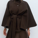 High Neck Batwing Sleeve Coat With Belt - brown