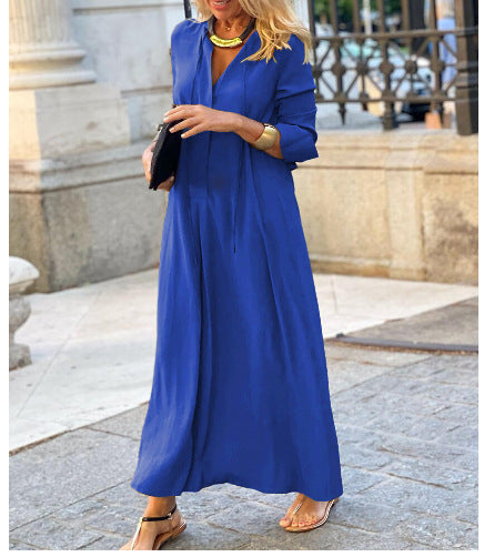 Elegant Long-Sleeved Midi Shirt Dress - blue