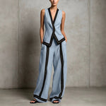 Contrast Trim Vest & Wide Leg Pants Set - blue