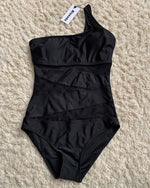 Black One-Shoulder Diagonal Sheer Polka-Dot Mesh Panel Fitted One-Piece Swimsuit