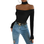 Off shoulder slim knit long sleeved temperament top - runwayfashionista.com
