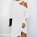 Long Sleeve Metal Buckle Halter Neck Casual Mini Dress - white