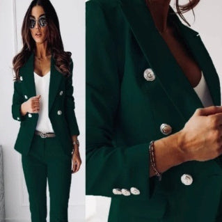 Chic Slim Lapel Double-Breasted Suit - green