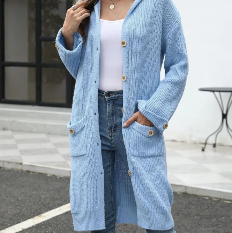 Pocketed Button Up Long Sleeve Hooded Cardigan - runwayfashonista.com