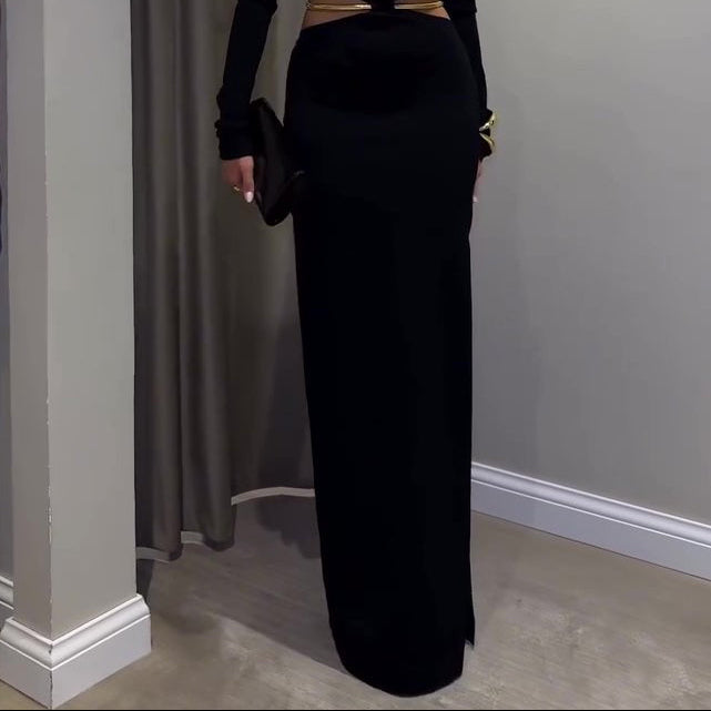 Black Cutout Waist Long-Sleeve Maxi Dress-Includes Waist Chain