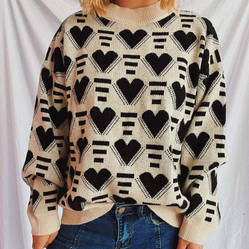 Heart Contrast Long Sleeve Dropped Shoulder Sweater -runwayfashionista.com