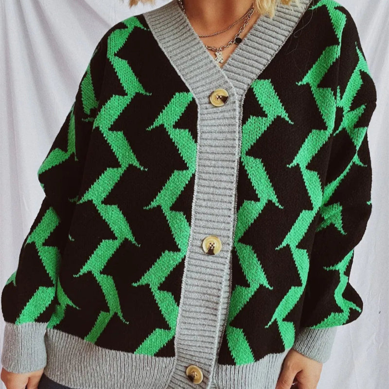 Contrast Trim Geometric V-Neck Long Sleeve Cardigan - runwayfashionista.com