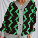 Contrast Trim Geometric V-Neck Long Sleeve Cardigan - runwayfashionista.com