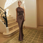Slanted Shoulder Pleated Patchwork Satin Maxi Skirts