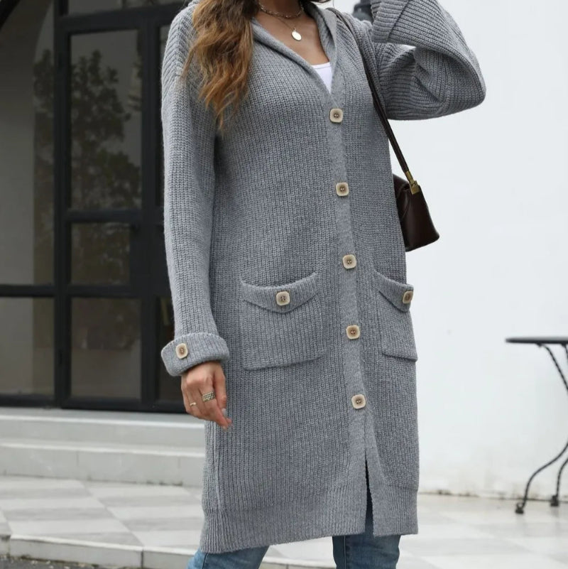 Pocketed Button Up Long Sleeve Hooded Cardigan - runwayfashonista.com