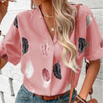 Printed Collared Neck Short Sleeve Blouse - runwayfashionista.com