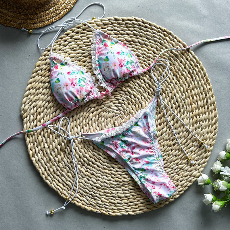 Sexy pink print bikini with lace-up split and V-neck.