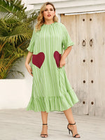 Plus Size Frill Heart Striped Half Sleeve Dress - Light Green - runwayfashionista.com