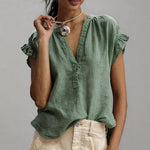 Casual V-Neck Cotton-Linen Blouse