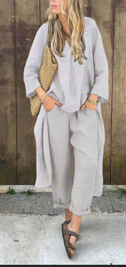 V-neck Long Top And High Waist Wide Leg Pants - white