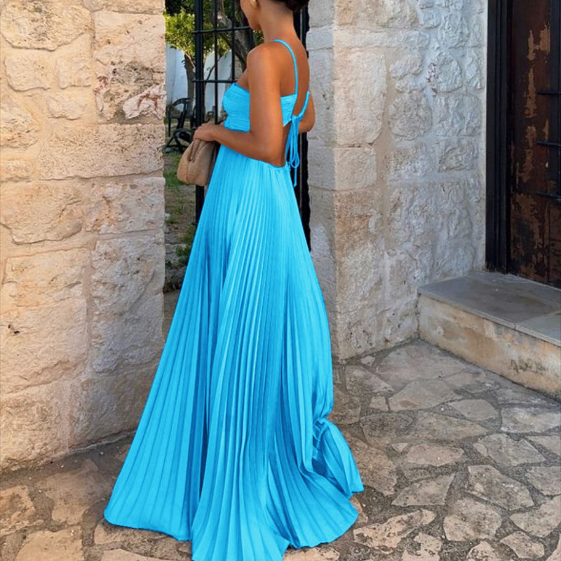 Pleated Sleeveless Sling Maxi Dress - blue