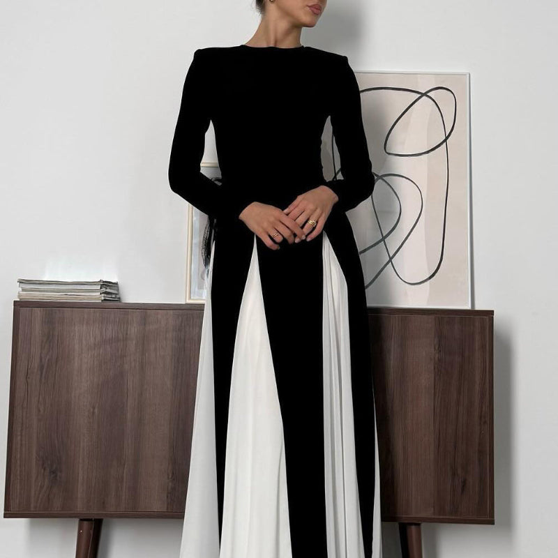 Sling Black & White Patchwork Long Sleeves Maxi Dress