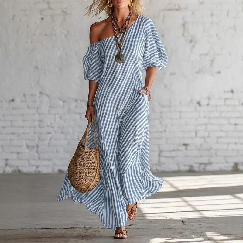 Striped Print Short-Sleeved Maxi Dress - blue