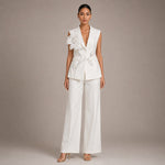 Sleeveless Blazer Vest & Wide Leg Trousers 2 Piece Floral Embroidery Suit Co-ord - black