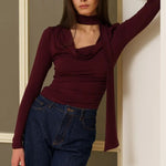 Ribbon V-neck Scarf Long-sleeved Base Top