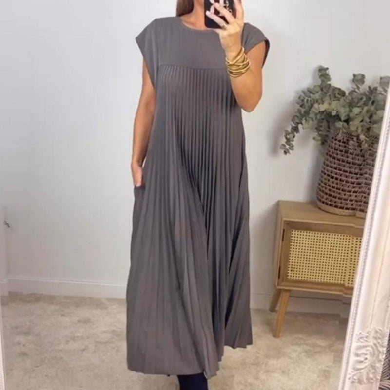 Short Sleeve Pleated Midi Dress -grey