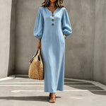 V-Neck Puff-Sleeve Button-Chest Maxi Dress - light blue