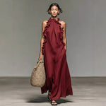 Resort Style Ruffled Halter Neck Sleeveless Maxi Dress - maroon